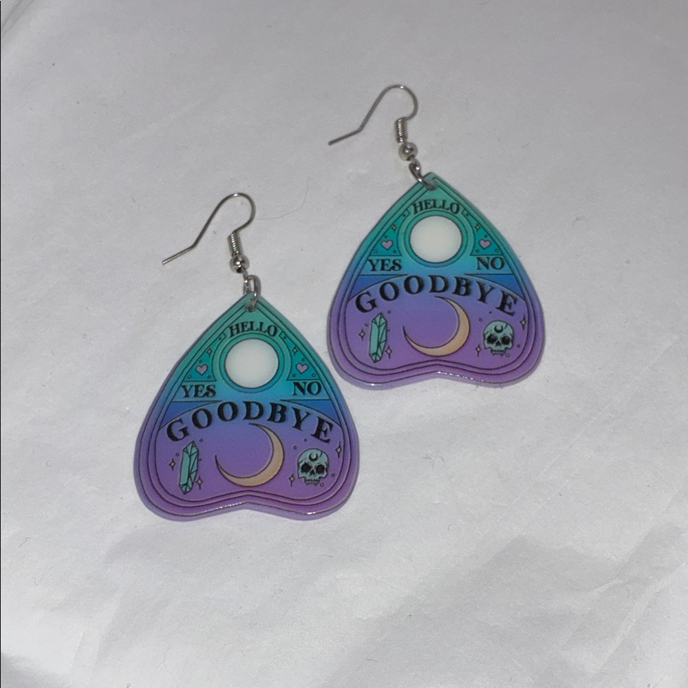 Ouija Board Goodbye Planchette Dangle Earrings in Teal & Purp ombre